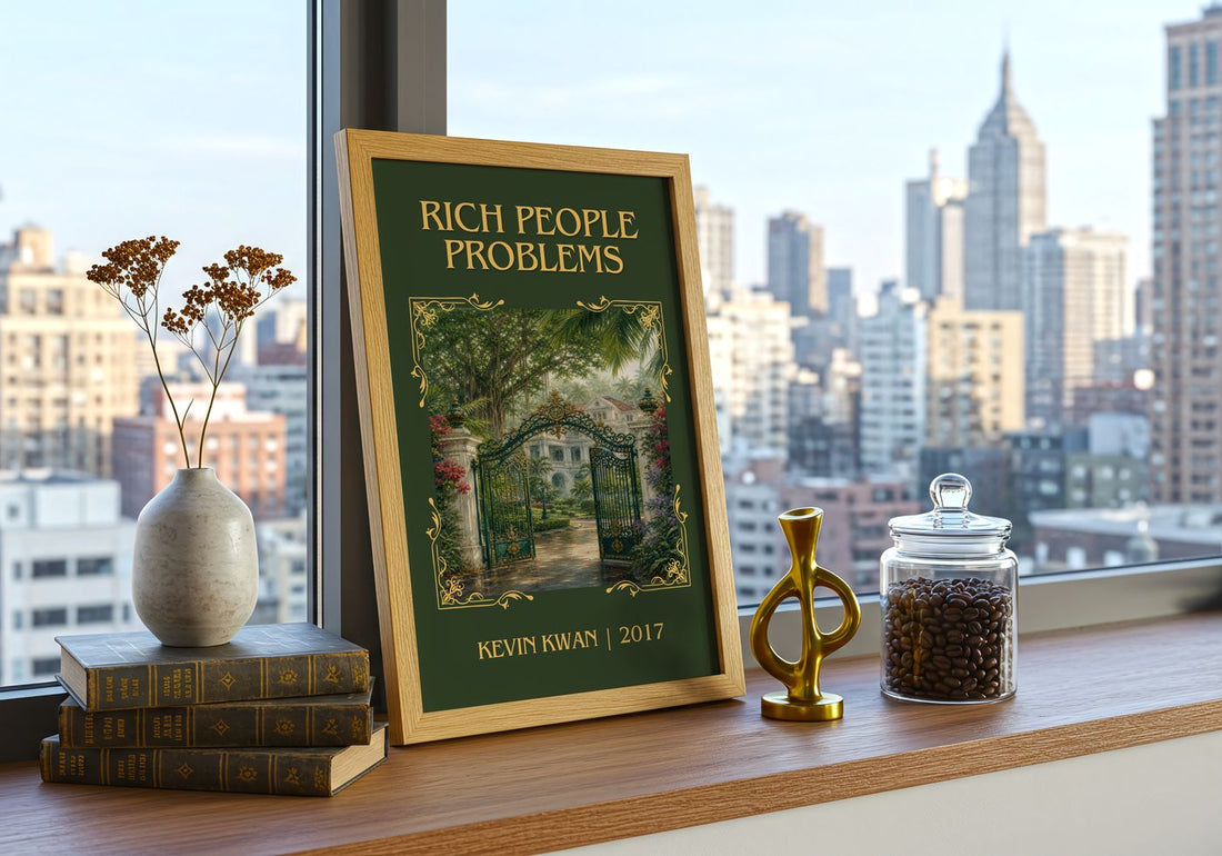 Rich People Problems Classic Book Art Print by Kevin Kwan – framed print on a city-view windowsill