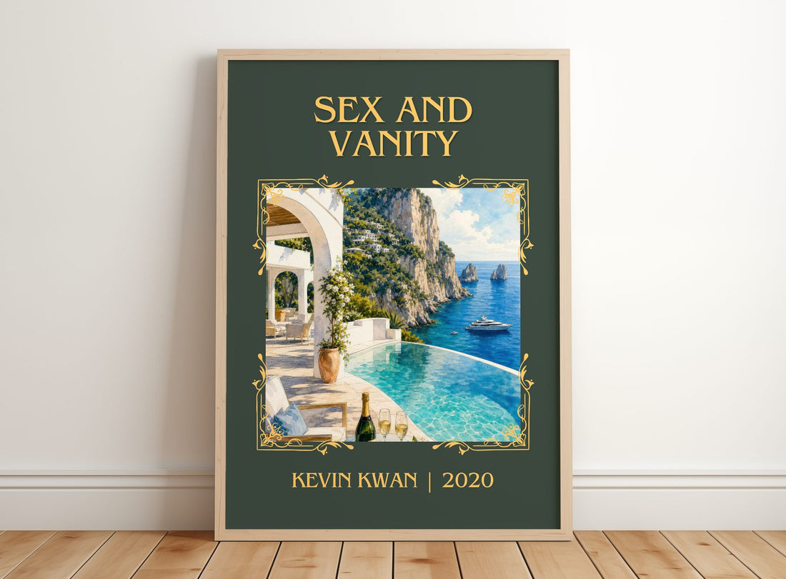 Sex and Vanity Classic Book Art Print by Kevin Kwan – framed print leaning on a wooden floor