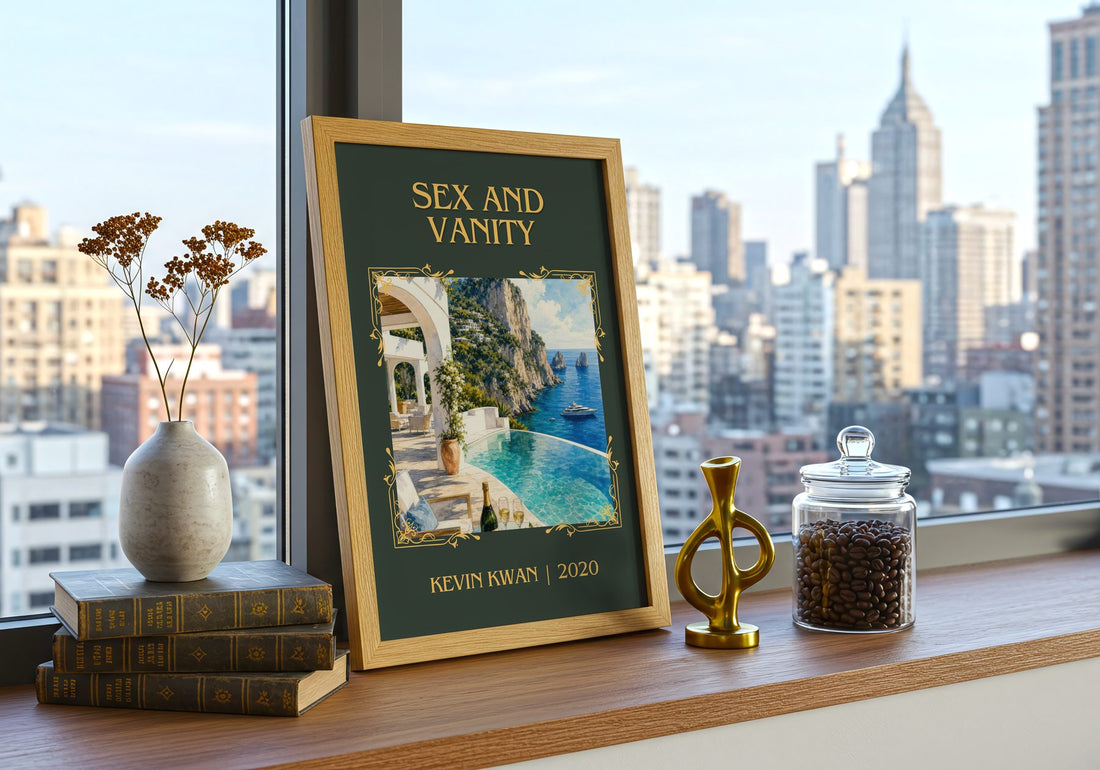 Sex and Vanity Classic Book Art Print by Kevin Kwan – framed print on a city-view windowsill