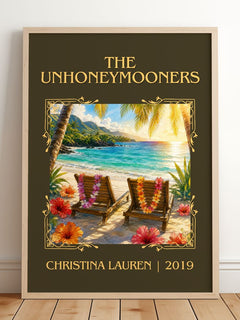 The Unhoneymooners Classic Book Art Print by Christina Lauren – framed print leaning on a wooden floor