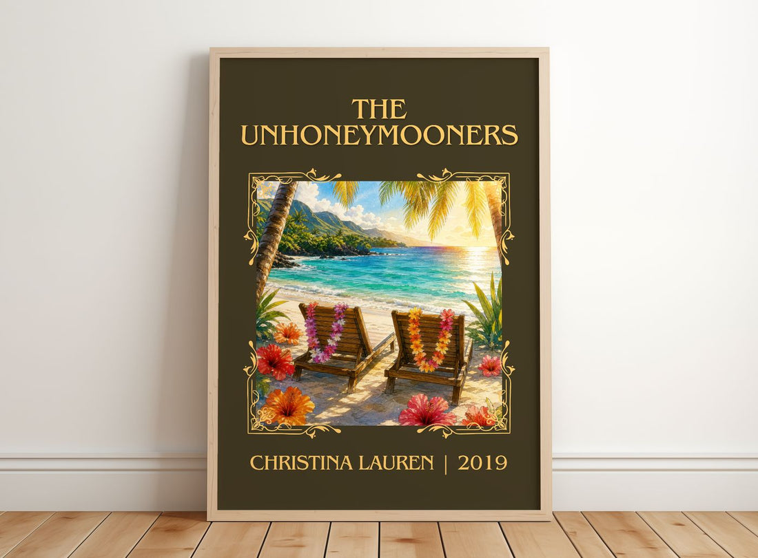 The Unhoneymooners Classic Book Art Print by Christina Lauren – framed print leaning on a wooden floor