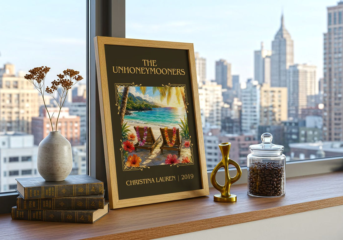 The Unhoneymooners Classic Book Art Print by Christina Lauren – framed print on a city-view windowsill