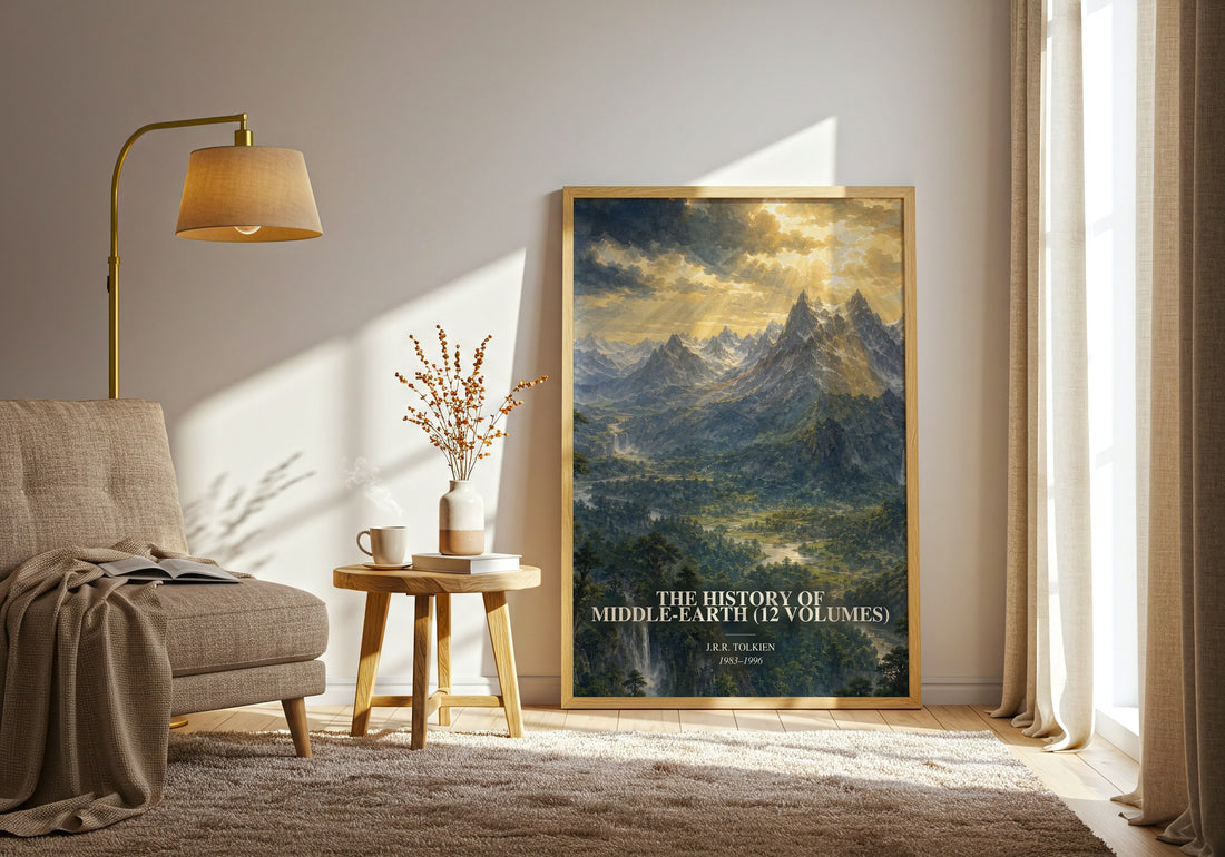 The History Of Middle-Earth (12 Volumes) watercolour print in frame leaning in hallway – fantasy wall art (mockup)