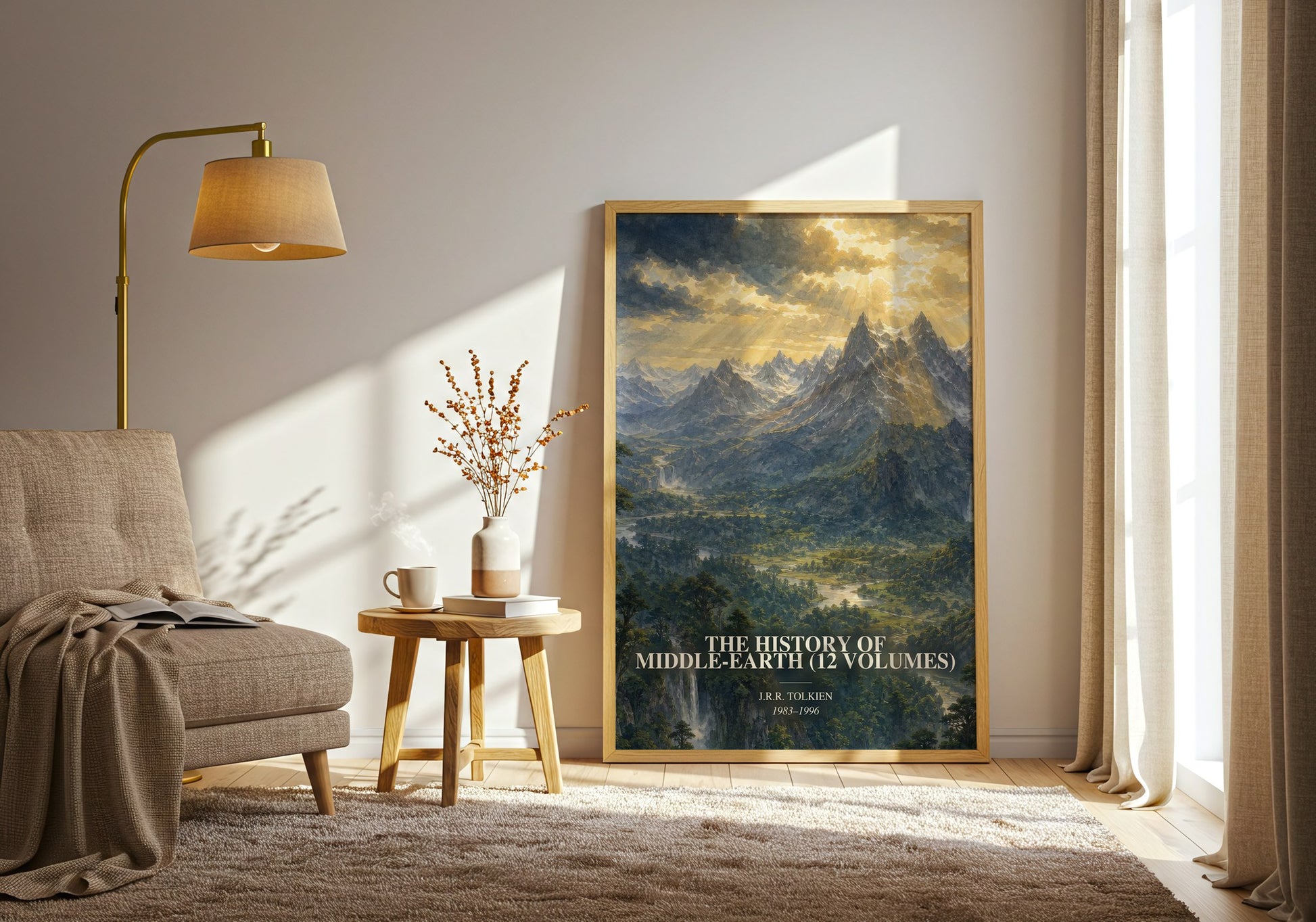 The History Of Middle-Earth (12 Volumes) watercolour print in frame leaning in hallway – fantasy wall art