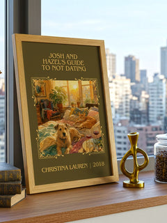 Josh and Hazel's Guide to Not Dating Classic Book Art Print by Christina Lauren – framed print on a city-view windowsill