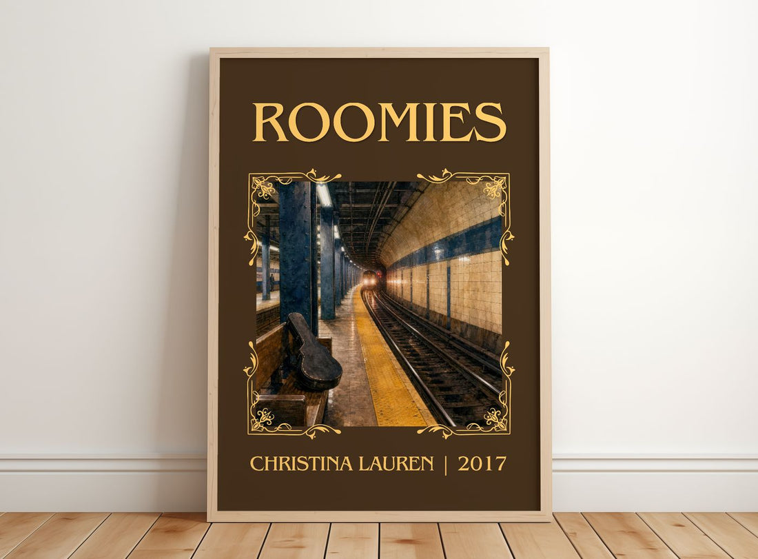 Roomies Classic Book Art Print by Christina Lauren – framed print leaning on a wooden floor