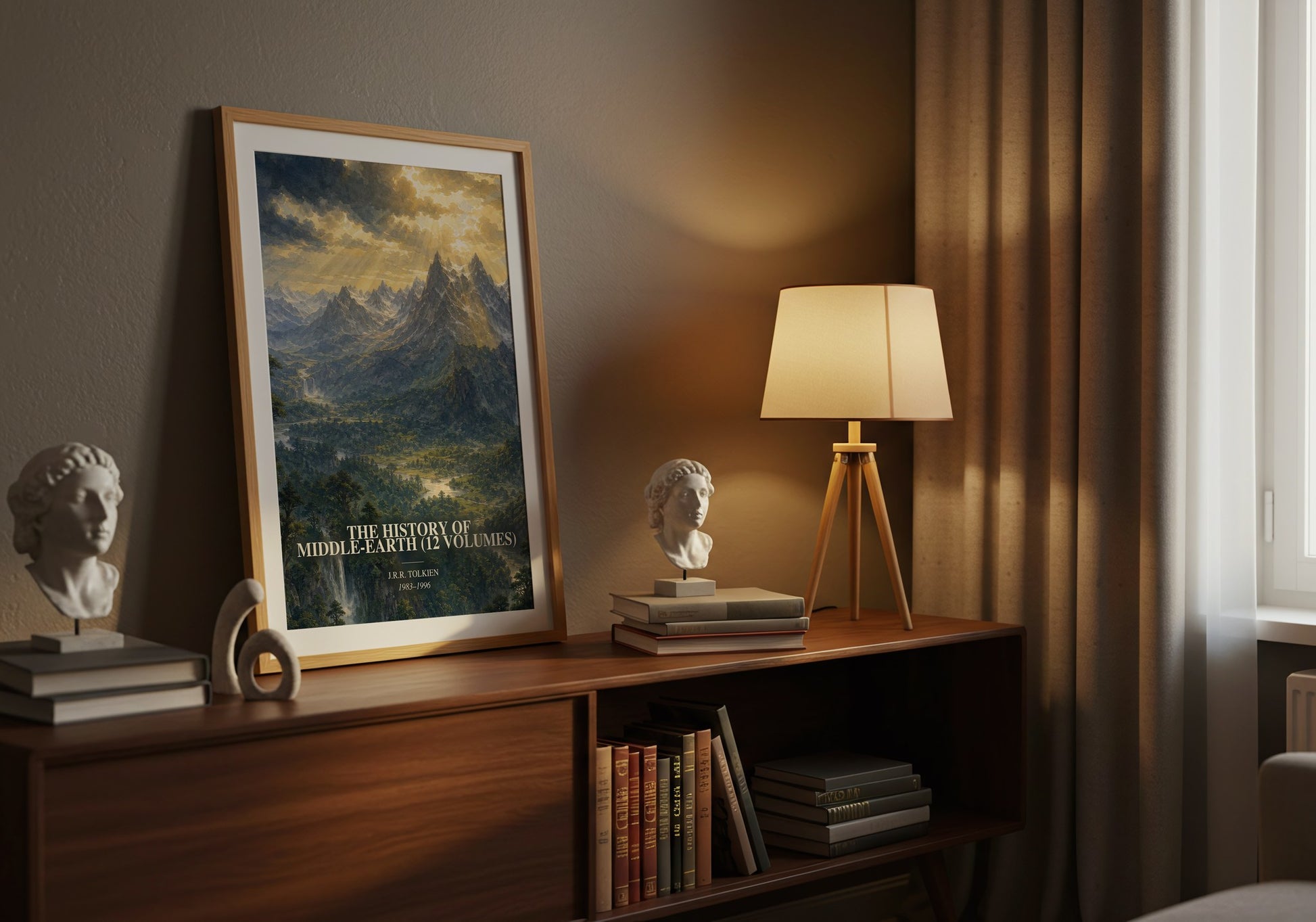 The History Of Middle-Earth (12 Volumes) watercolour print on bookshelf – J.R.R. Tolkien fan gift