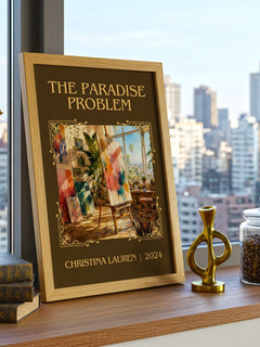 The Paradise Problem Classic Book Art Print by Christina Lauren – framed print on a city-view windowsill