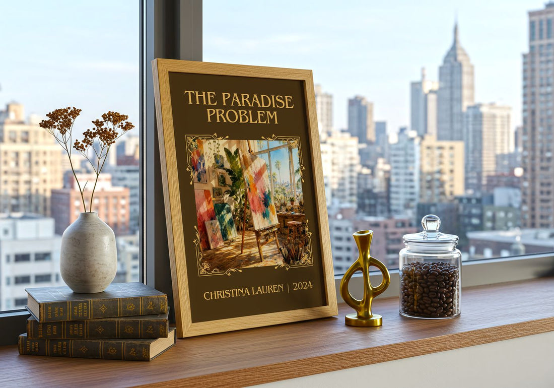 The Paradise Problem Classic Book Art Print by Christina Lauren – framed print on a city-view windowsill