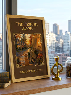 The Friend Zone Classic Book Art Print by Abby Jimenez – framed print on a city-view windowsill