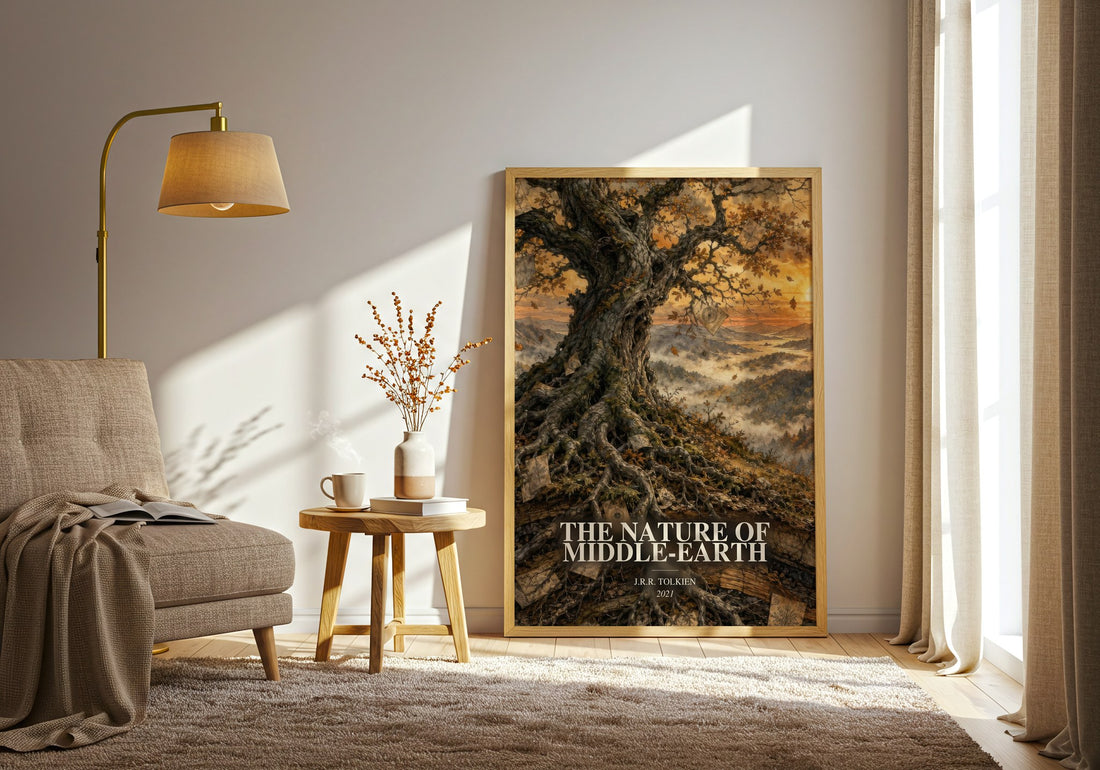The Nature Of Middle-Earth watercolour print in frame leaning in hallway – fantasy wall art (mockup)