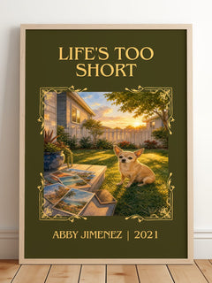 Life's Too Short Classic Book Art Print by Abby Jimenez – framed print leaning on a wooden floor