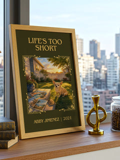 Life's Too Short Classic Book Art Print by Abby Jimenez – framed print on a city-view windowsill