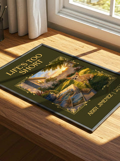 Life's Too Short Classic Book Art Print by Abby Jimenez – print on a sunlit desk