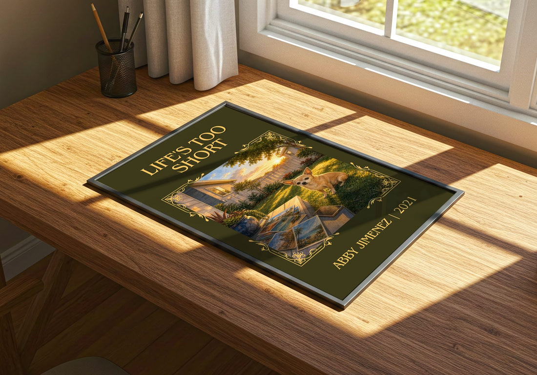 Life's Too Short Classic Book Art Print by Abby Jimenez – print on a sunlit desk
