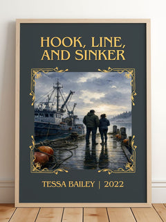 Hook, Line, and Sinker Classic Book Art Print by Tessa Bailey – framed print leaning on a wooden floor
