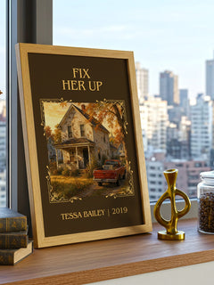 Fix Her Up Classic Book Art Print by Tessa Bailey – framed print on a city-view windowsill