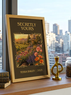 Secretly Yours Classic Book Art Print by Tessa Bailey – framed print on a city-view windowsill
