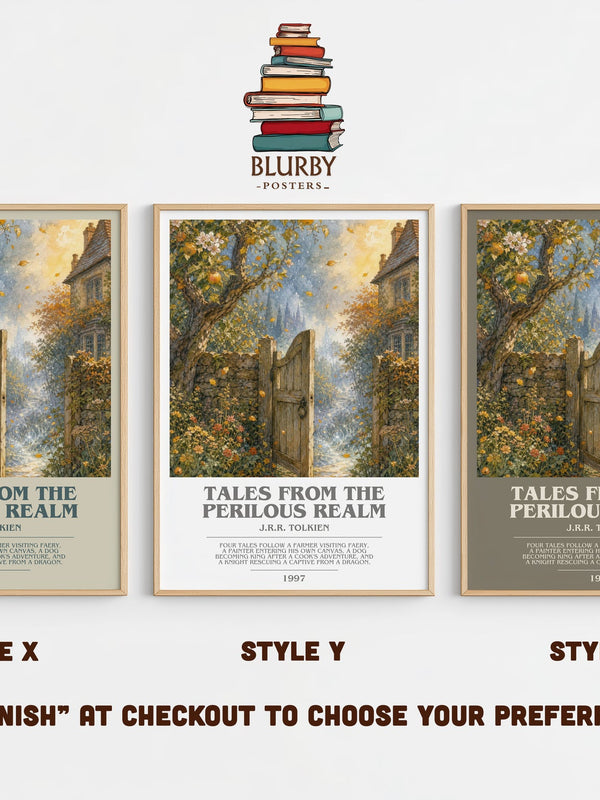 Tales From The Perilous Realm bookish print in frame leaning in hallway – fantasy wall art