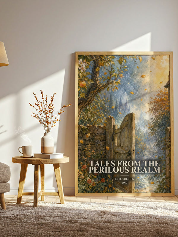 Tales From The Perilous Realm watercolour print in frame leaning in hallway – fantasy wall art