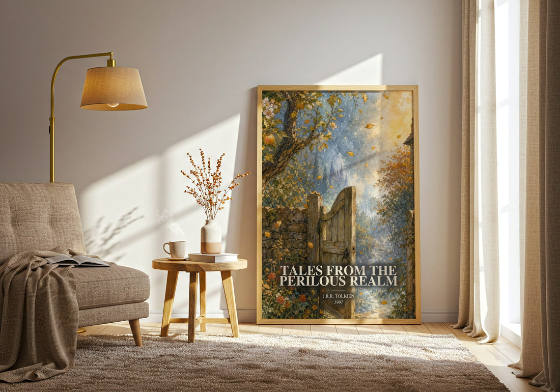 Tales From The Perilous Realm watercolour print in frame leaning in hallway – fantasy wall art (mockup)