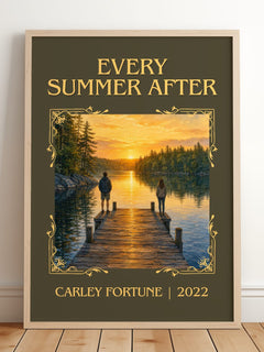 Every Summer After Classic Book Art Print by Carley Fortune – framed print leaning on a wooden floor