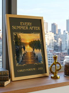 Every Summer After Classic Book Art Print by Carley Fortune – framed print on a city-view windowsill