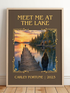 Meet Me at the Lake Classic Book Art Print by Carley Fortune – framed print leaning on a wooden floor