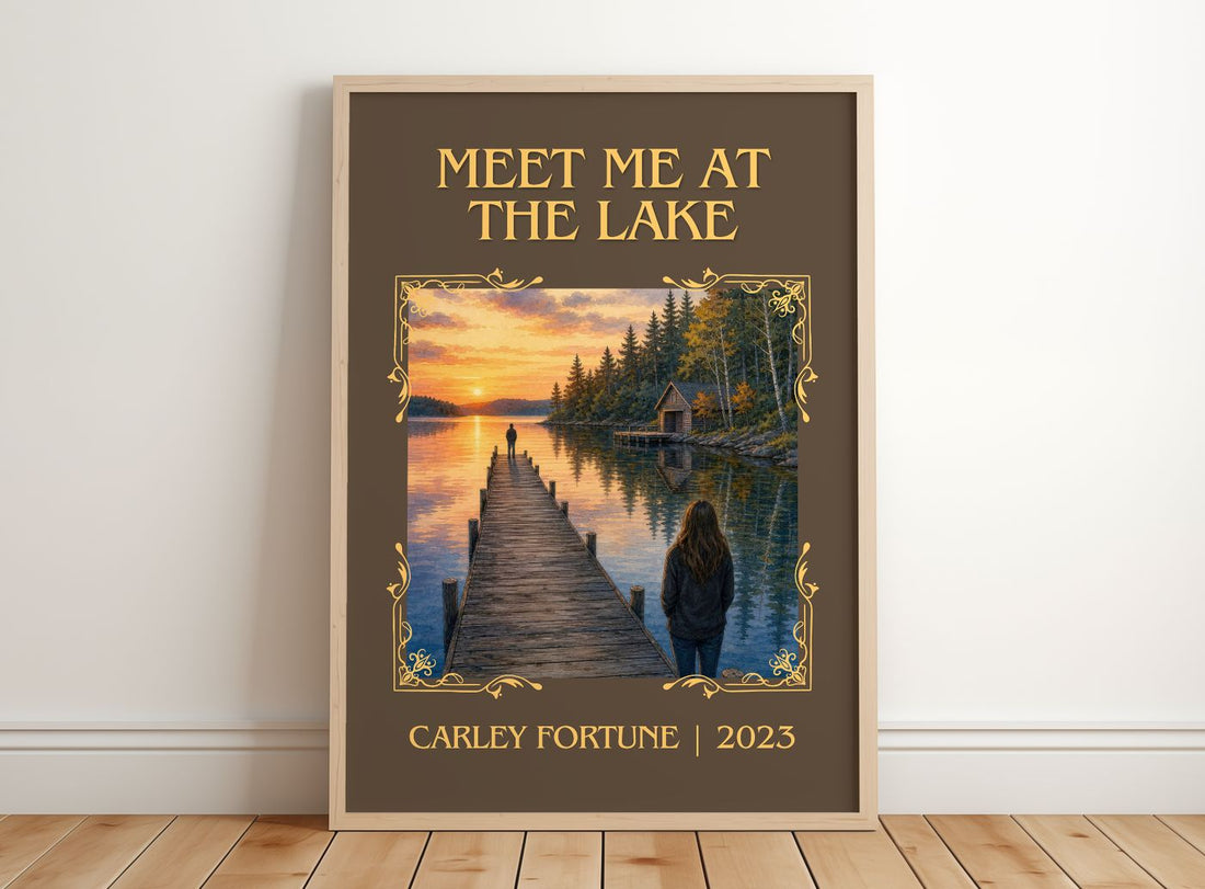Meet Me at the Lake Classic Book Art Print by Carley Fortune – framed print leaning on a wooden floor