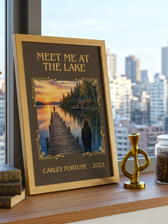 Meet Me at the Lake Classic Book Art Print by Carley Fortune – framed print on a city-view windowsill