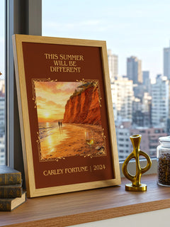 This Summer Will Be Different Classic Book Art Print by Carley Fortune – framed print on a city-view windowsill