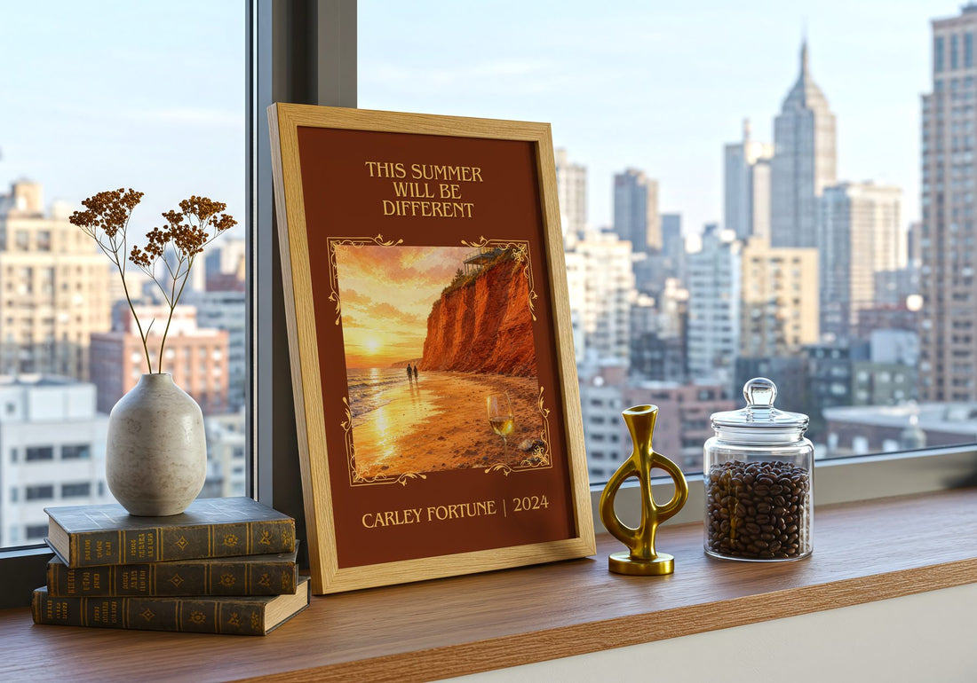 This Summer Will Be Different Classic Book Art Print by Carley Fortune – framed print on a city-view windowsill