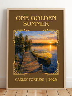 One Golden Summer Classic Book Art Print by Carley Fortune – framed print leaning on a wooden floor