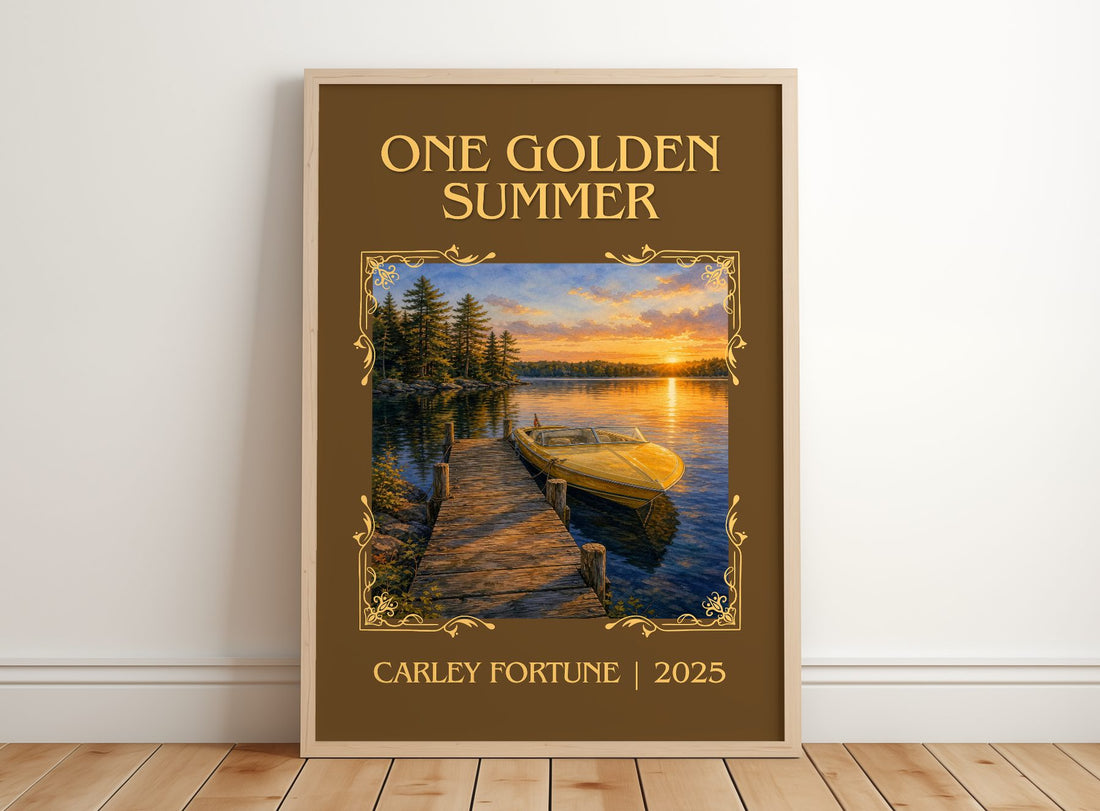 One Golden Summer Classic Book Art Print by Carley Fortune – framed print leaning on a wooden floor