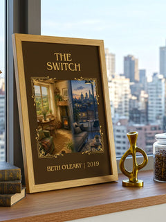 The Switch Classic Book Art Print by Beth O'Leary – framed print on a city-view windowsill