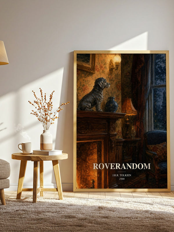 Roverandom watercolour print in frame leaning in hallway – childrens wall art