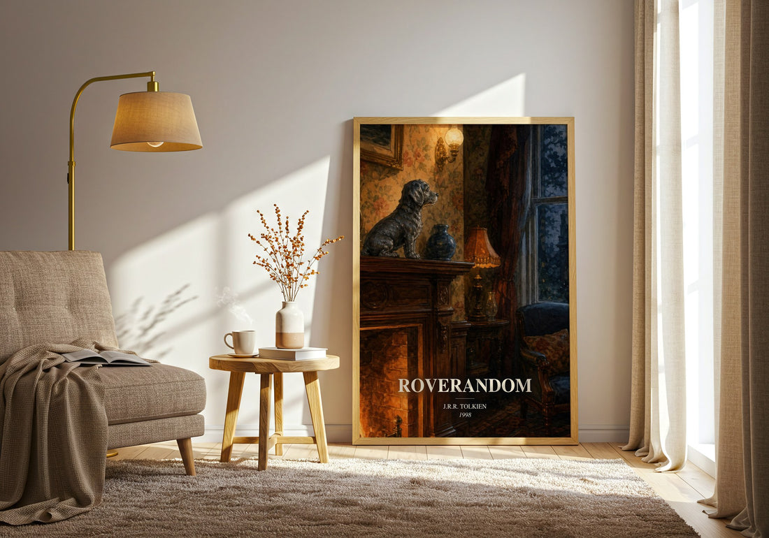 Roverandom watercolour print in frame leaning in hallway – childrens wall art (mockup)