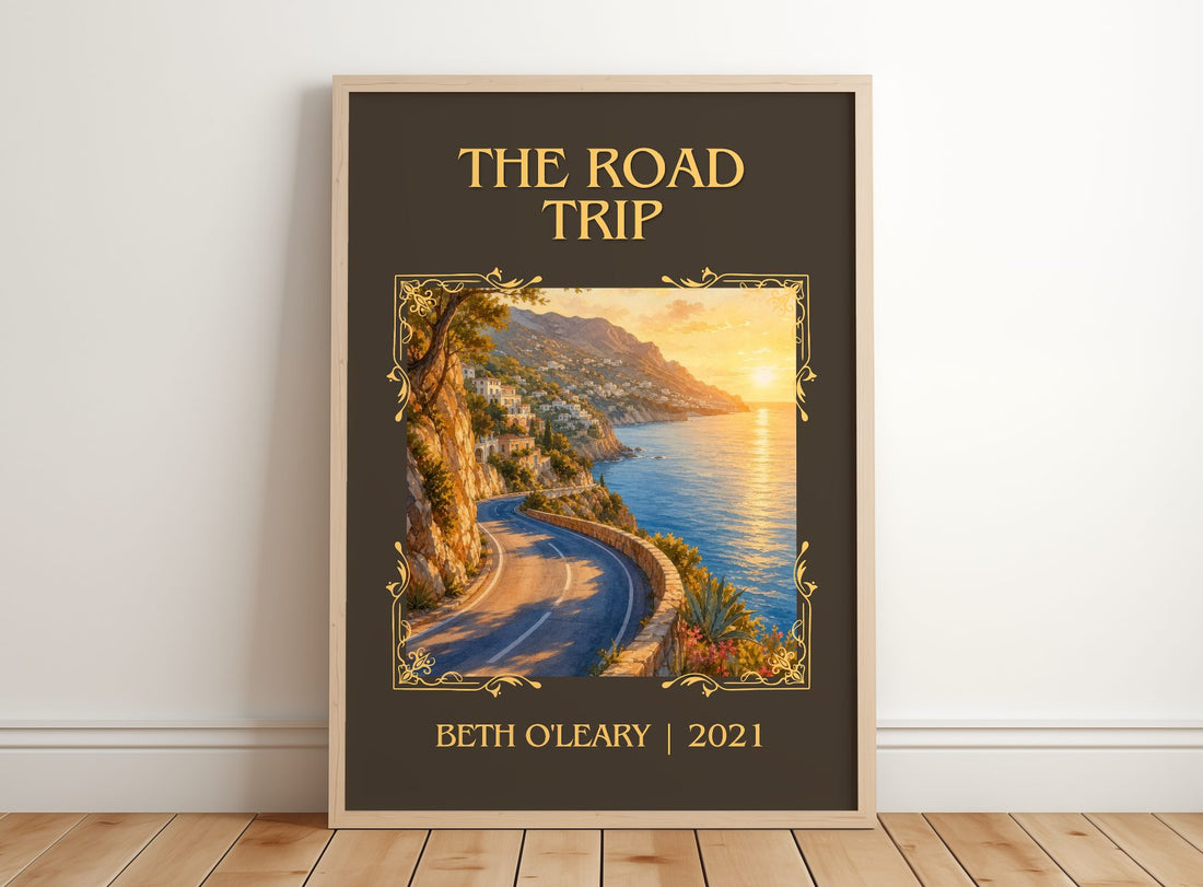 The Road Trip Classic Book Art Print by Beth O'Leary – framed print leaning on a wooden floor