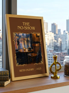 The No-Show Classic Book Art Print by Beth O'Leary – framed print on a city-view windowsill