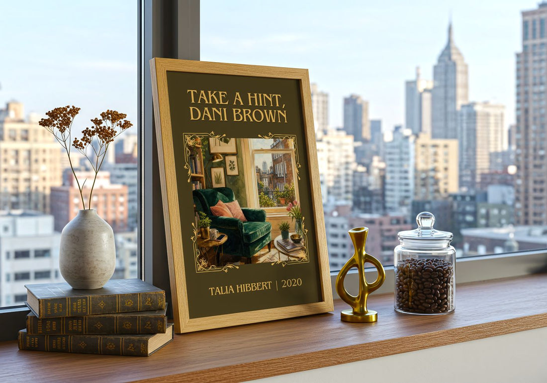 Take a Hint, Dani Brown Classic Book Art Print by Talia Hibbert – framed print on a city-view windowsill