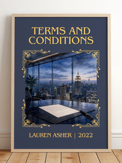 Terms and Conditions Classic Book Art Print by Lauren Asher – framed print leaning on a wooden floor