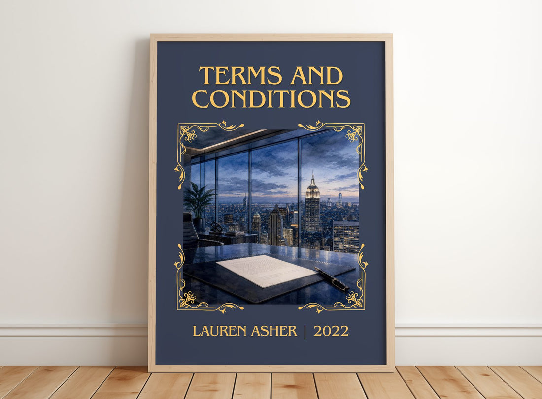 Terms and Conditions Classic Book Art Print by Lauren Asher – framed print leaning on a wooden floor