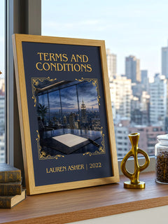 Terms and Conditions Classic Book Art Print by Lauren Asher – framed print on a city-view windowsill