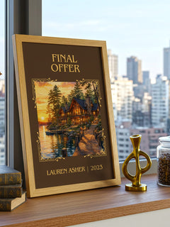 Final Offer Classic Book Art Print by Lauren Asher – framed print on a city-view windowsill