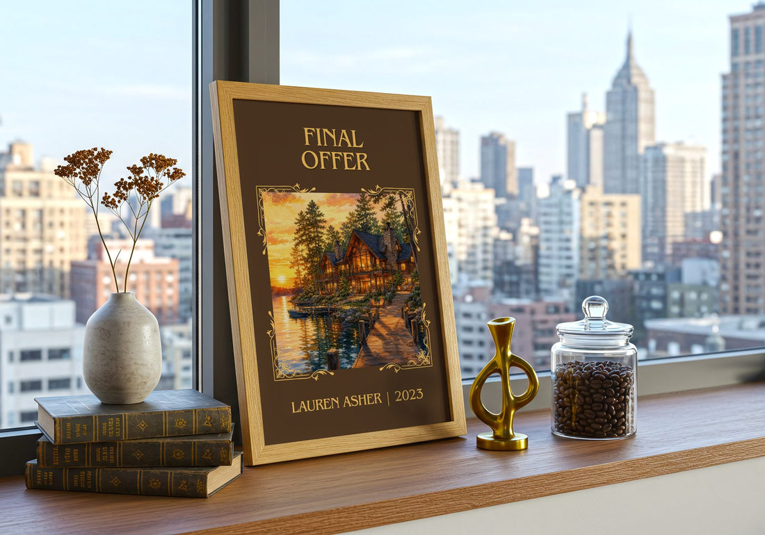 Final Offer Classic Book Art Print by Lauren Asher – framed print on a city-view windowsill