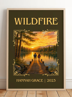 Wildfire Classic Book Art Print by Hannah Grace – framed print leaning on a wooden floor