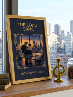 The Long Game Classic Book Art Print by Elena Armas – framed print on a city-view windowsill