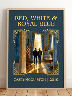 Red, White & Royal Blue Classic Book Art Print by Casey McQuiston – framed print leaning on a wooden floor