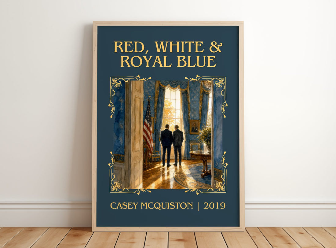 Red, White & Royal Blue Classic Book Art Print by Casey McQuiston – framed print leaning on a wooden floor