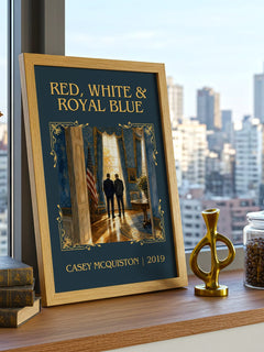 Red, White & Royal Blue Classic Book Art Print by Casey McQuiston – framed print on a city-view windowsill